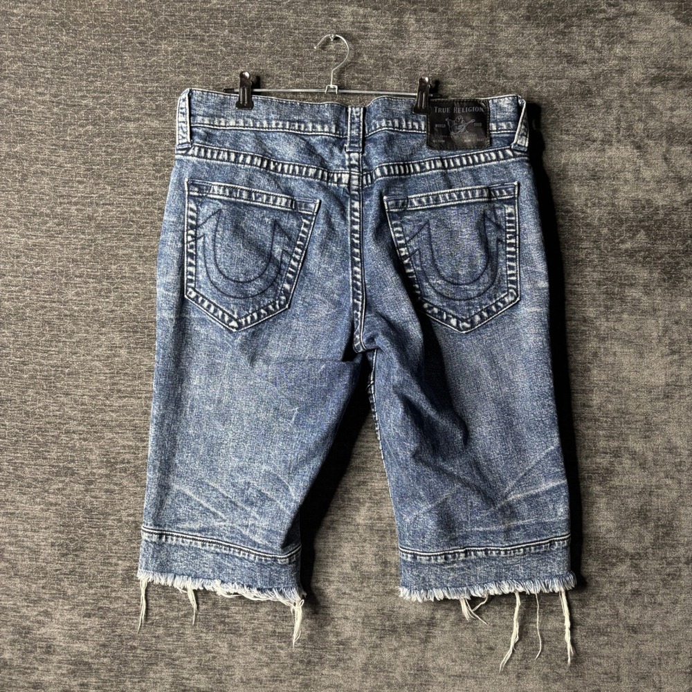 Y2K True Religion Geno Relaxed Slim Denim Shorts Mens 34 Blue Acid Wash Raw Hem - Picture 3 of 10